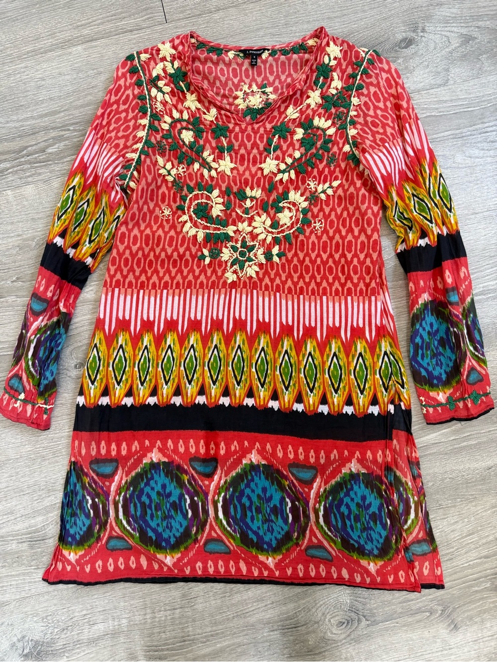 J. Peterman Red Multi-Color Embroidered Tunic Dress - boho hippie eclectic artsy